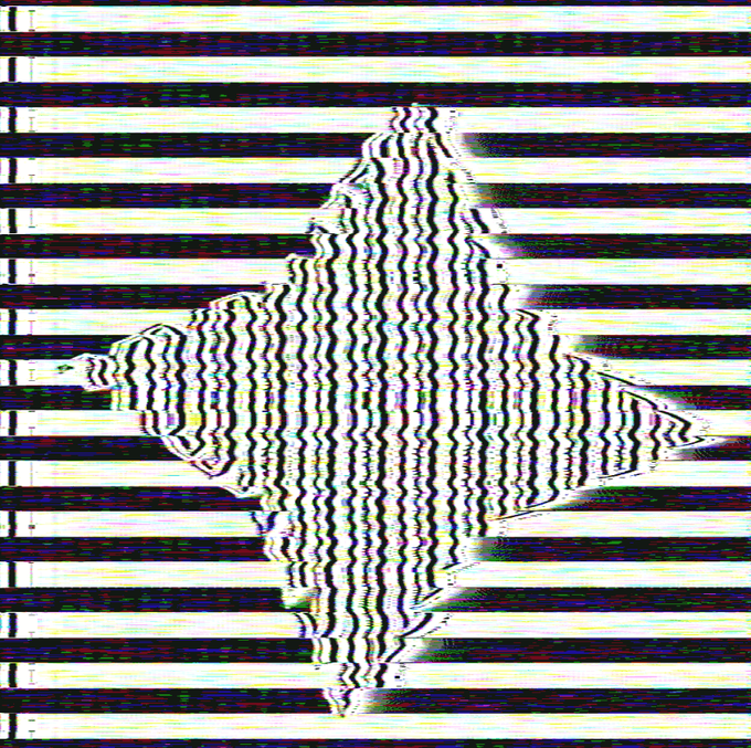 A heavily distorted, glitch-art image featuring a diamond or star shape with wavy black and white lines and horizontal static bands overlaying the entire frame.