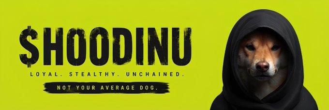 A Shiba Inu dog wearing a black hoodie appears on the right side of a neon green banner that reads "$HOODINU - LOYAL. STEALTHY. UNCHAINED. NOT YOUR AVERAGE DOG." The edgy, mysterious mascot visually reinforces the memecoin's stealth launch theme and hoodie-clad "loyal" dog branding in the promotional post.