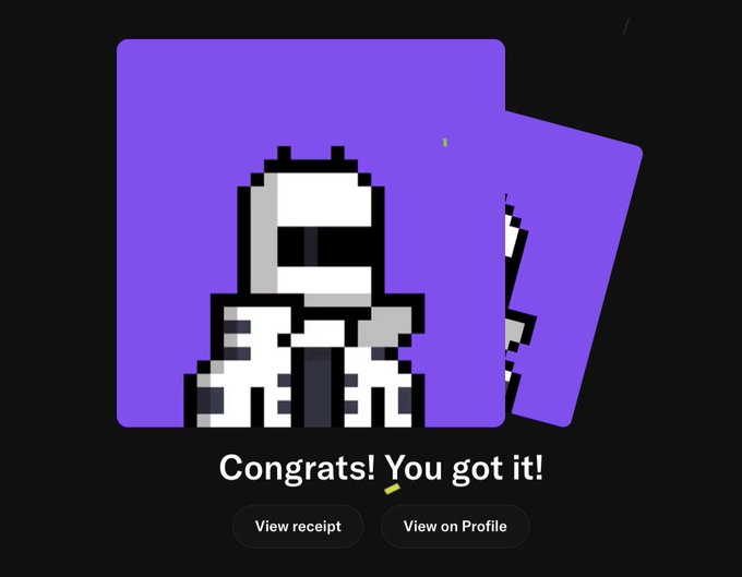 A pixel art character in white and gray on a purple card with the text "Congrats! You got it!" and buttons for "View receipt" and "View on Profile".