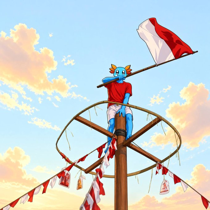 Anime-style illustration of a blue axolotl-like character in a red shirt perched atop a wooden mast, waving a red and white flag against a cloudy blue sky.