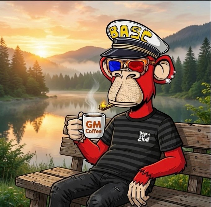 A cartoon red monkey wearing a captain's hat labeled 'BASC', 3D glasses, and a striped shirt sits on a wooden bench holding a 'GM Coffee' mug and a lit cigar, with a mountain lake and sunset in the background.