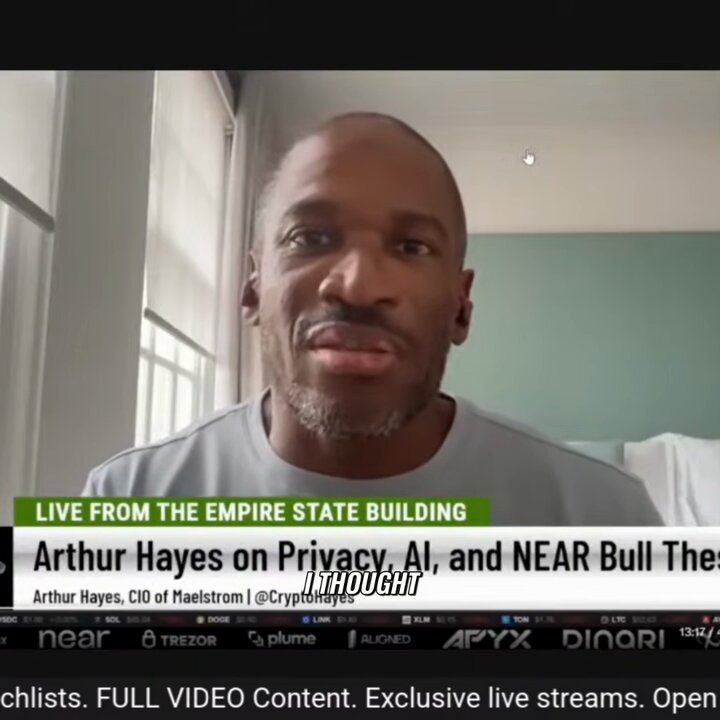 The image shows a man wearing a grey shirt, sitting in front of a window with blinds. The background features a white wall and a green door. On the screen behind him, there are two posts related to privacy technology and AI. One post is about a man named "Hayes" who has written an article on privacy and AI, while the other post is about a cryptocurrency called Zcash that offers anonymity on any blockchain. The image also includes text that reads: "The future of privacy in AI, big tech, and big government lies in assets like Zcash and NEAR presenting a 20x growth potential versus Zcash's 5x. Allocate capital based on this risk-reward."