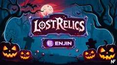 A Halloween-themed digital illustration featuring the title 'LOST RELICS' above an 'ENJIN' button, surrounded by glowing jack-o'-lanterns, a full moon, and spooky trees.