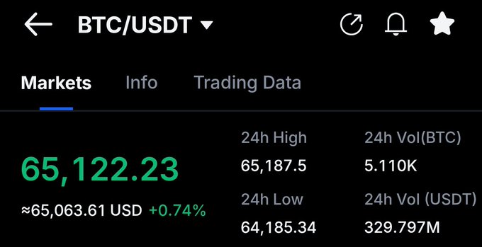 A screenshot from a cryptocurrency trading app showing the BTC/USDT market data, with Bitcoin priced at $65,122.23 (up 0.74%), a 24-hour high of $65,187.5, and a low of $64,185.34—reflecting the steady, modest gains the poster is referencing.