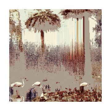 The image features a painting of three white flamingos standing next to each other, with trees in the background. The painting has an abstract style that includes lines and shapes, giving it a unique appearance. The post discussing this artwork is titled "Hommage à Les Flamants" by Henri Rousseau, which means "artwork of the flamingos." The image also contains text that reads "proofofpalm2026," possibly indicating the artist's signature or the title of the painting.