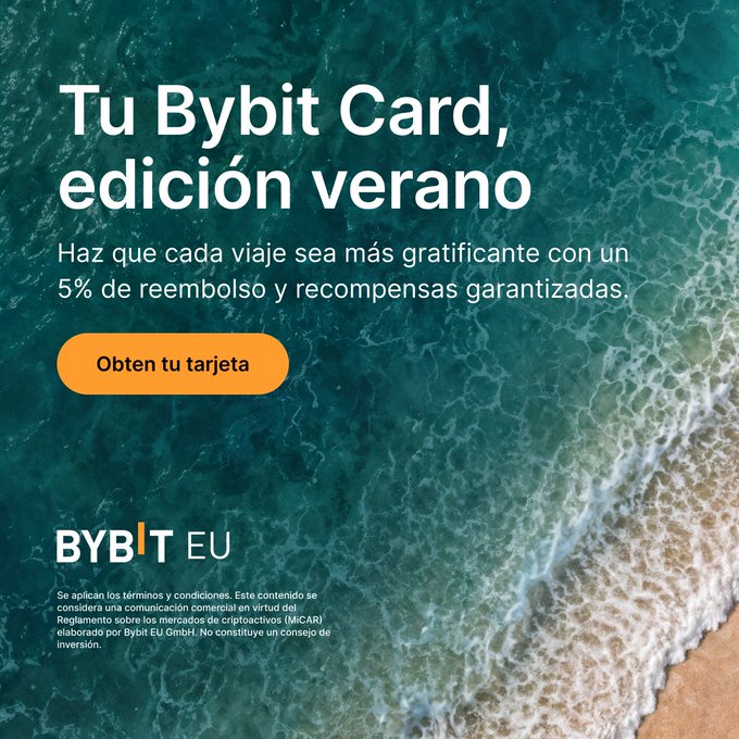 A Bybit EU advertisement for their summer edition Bybit Card, offering 5% cashback and rewards, with an orange "Obten tu tarjeta" button over an ocean background.