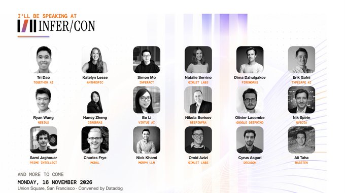 A speaker lineup poster for III INFER/CON, with headshots and names including Tri Dao, Katelyn Lesses, Simon Mo, Natalie Serrino, Dima Dehugakov, Erik Gatti, Ryan Wang, Nancy Zheng, Bo Li, Nikola Borisov, Oliver Lacombe, Nik Spirin, Sami Jaghouar, Charles Frye, Nick Kham, Omid Aziz, Cyrus Asgari, and Ali Taha; the poster says “AND MORE TO COME” and “MONDAY, 16 NOVEMBER 2026.”