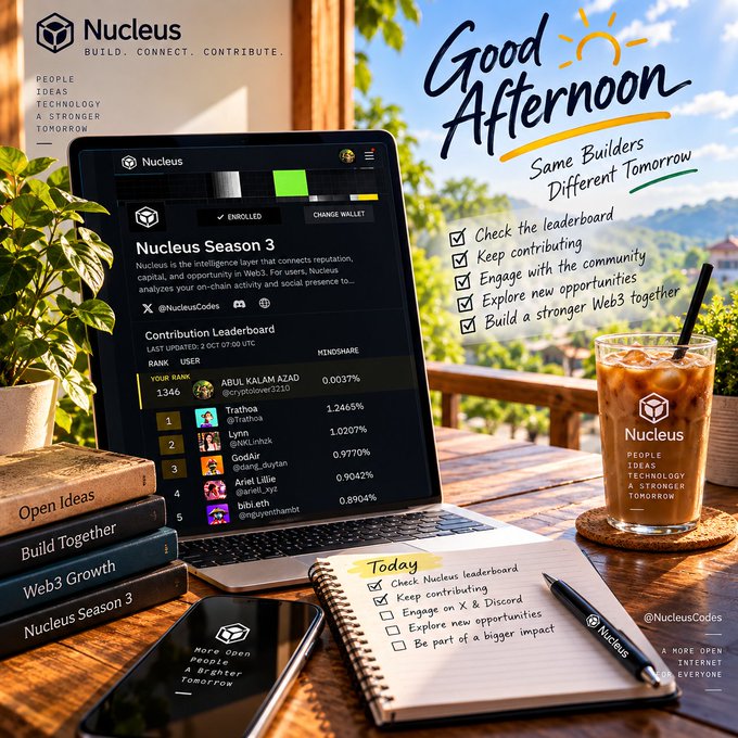 A promotional graphic for 'Nucleus' displaying 'Good Afternoon, Same Builders Different Tomorrow' with a laptop showing the 'Contribution Leaderboard' for 'Nucleus Season 3'.