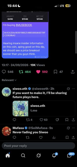 A mobile screenshot of a social media post dated 24/09/2026 promoting $MUSEBOOK with insider information claims and showing a price of $514K, alongside replies from siwoo.eth and Mufasa.
