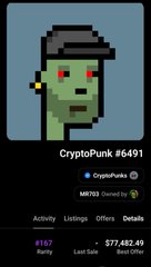 A CryptoPunk #6491 NFT profile on OpenSea, showing a pixelated green zombie-like character with a mint price of Ξ77,482.49.