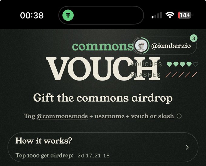 Mobile screenshot of the Commons app showing a 'VOUCHES SLASHES' airdrop interface with the user @iamberzio and a countdown for the top 1000 airdrop recipients.