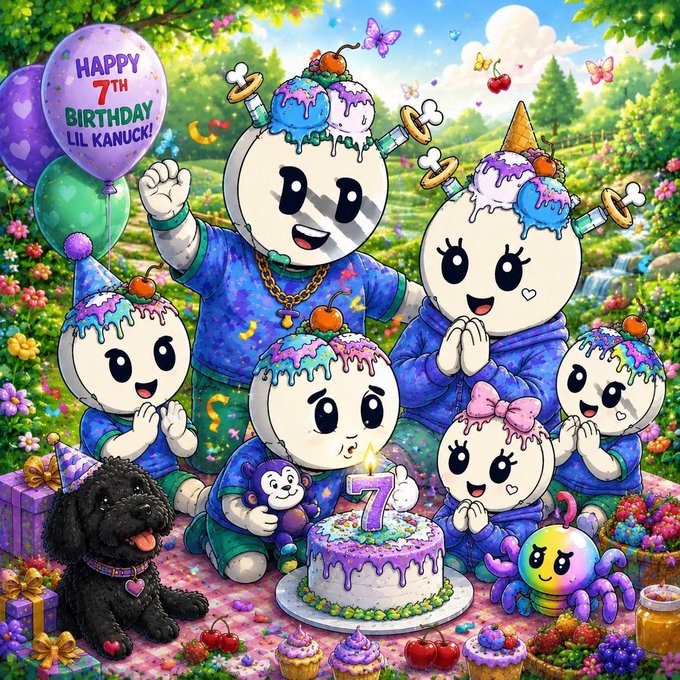 A colorful digital illustration showing a family of cartoon characters with bowl-shaped cake-like heads celebrating a birthday outdoors. A balloon reads 'HAPPY 7TH BIRTHDAY LIL KANUCK!' and a cake has a '7' candle, with a dog and various cupcakes around them.