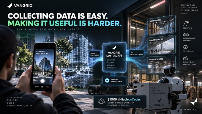 A promotional graphic for VANGRID featuring the text "COLLECTING DATA IS EASY. MAKING IT USEFUL IS HARDER." alongside imagery of a person capturing real-world locations via smartphone, with use cases including warehouses, loading docks, robotics, autonomous systems, physical AI, and indoor spaces.