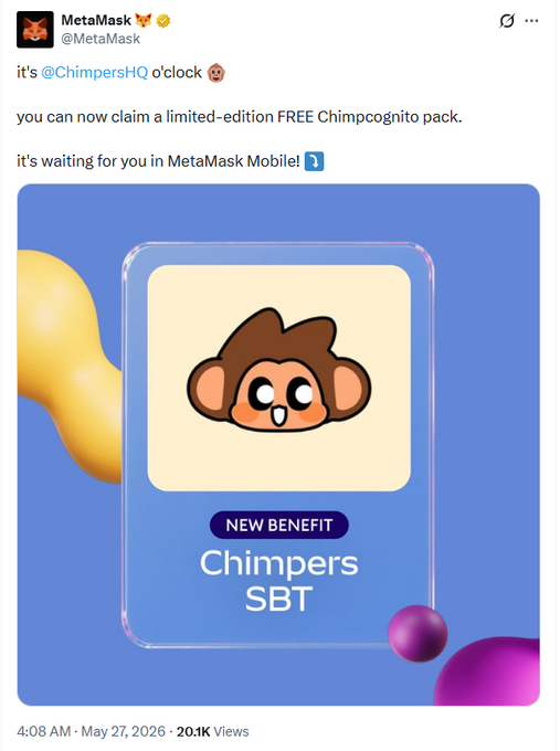 The image features a promotional post for a new limited edition pack of Metamask FBT. The post includes an image of a cartoon character, likely Chimpers, which adds a fun and engaging element to the advertisement. The text on the post highlights that this is a special offer where you can claim a free limited edition pack of Metamask FBT by entering your email address or social media account details in the provided fields.