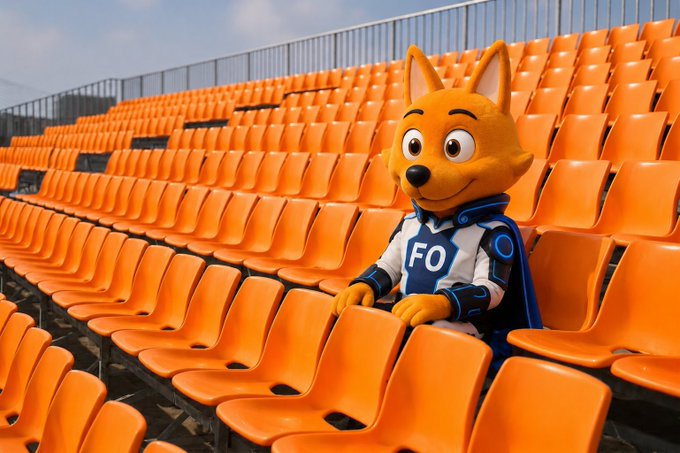 A mascot character resembling a Shiba Inu dog wearing a futuristic white, blue, and black outfit with 'FO' on the chest, sitting alone on orange stadium seats.