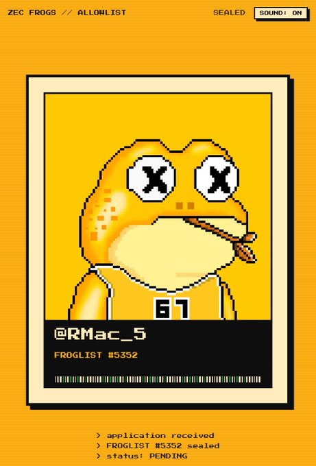 A pixel art trading card labeled 'ZEC FROGS // ALLOWLIST' featuring an orange frog with X's for eyes and a '61' tag, with the handle '@RMac_5' and 'FROGLIST #5352', showing 'application received', 'FROGLIST #5352 sealed', and 'status! PENDING'.