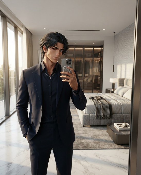An anime-style illustration of a handsome dark-haired man in a black suit taking a mirror selfie with a smartphone in a luxurious modern bedroom.