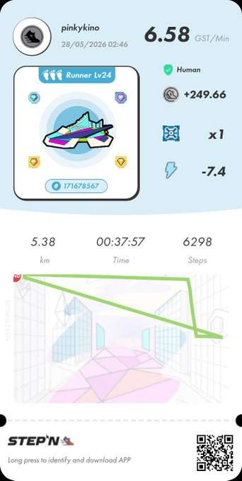 The image shows a fitness app that tracks various data, such as distance runned, calories burned, and steps taken. The app displays this information on its screen along with a map of an indoor track or gym setting. The post also includes a code for a free app called "StepN" which is designed to help users track their progress during workouts.