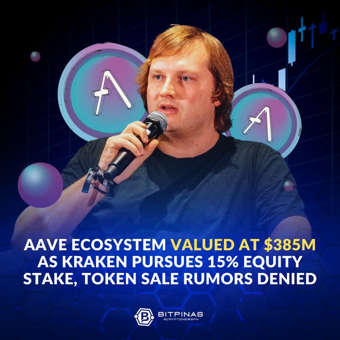 A man with reddish-blonde hair speaks into a microphone at a panel with Aave (A) logos in the background; the caption reads 'AAVE ECOSYSTEM VALUED AT $385M AS KRAKEN PURSUES 15% EQUITY STAKE, TOKEN SALE RUMORS DENIED' with the BitPinas logo.