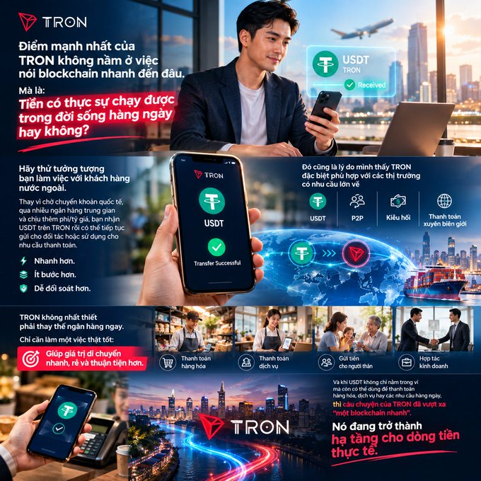 A Vietnamese-language promotional advertisement for TRON cryptocurrency highlighting USDT transfers on the TRON network.
