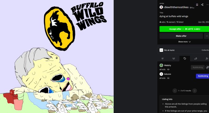 The image features a cartoon drawing of a man with a face that looks like a cow, surrounded by other cows. The drawing also includes a logo for Buffalo Wild Wings. The post has been edited to reduce the size of the original image to 10,000Xtz and is accompanied by a caption that reads "Just reduced this bad boy to 10,000Xtz! @toadswiback objkt.com/tokens/hicetnu ...". This suggests that someone has edited or altered the image for a specific purpose or to fit a certain context.