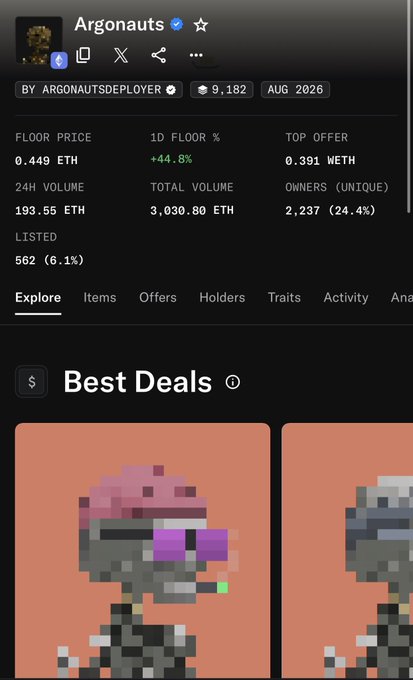 Screenshot of an NFT collection page for "Argonauts" showing floor price of 0.449 ETH (+44.8% 1D) and total volume of 3,030.80 ETH, with pixel-art character cards displayed below.