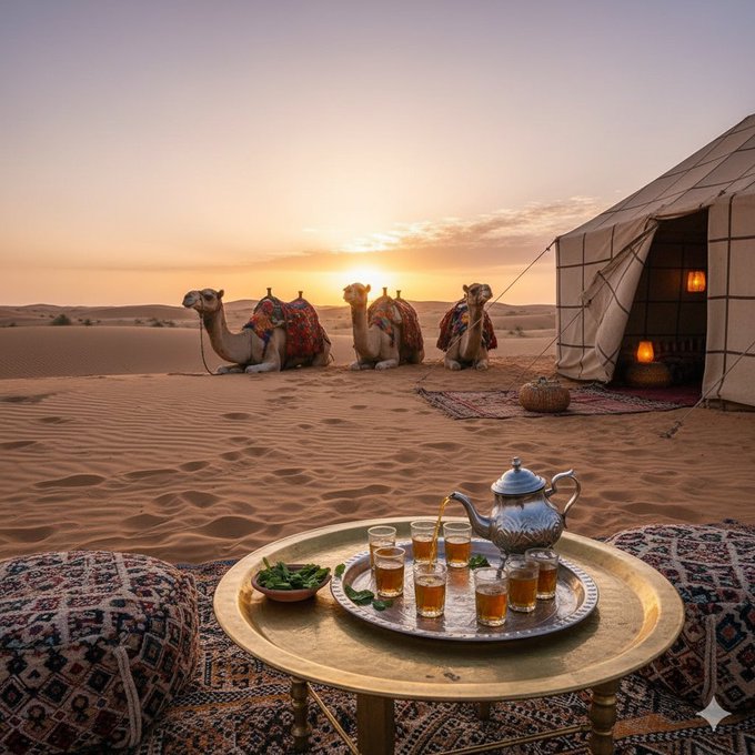A desert scene at sunset with camels resting near a Bedouin tent, accompanied by a tray of mint tea in traditional glasses on an ornate table.