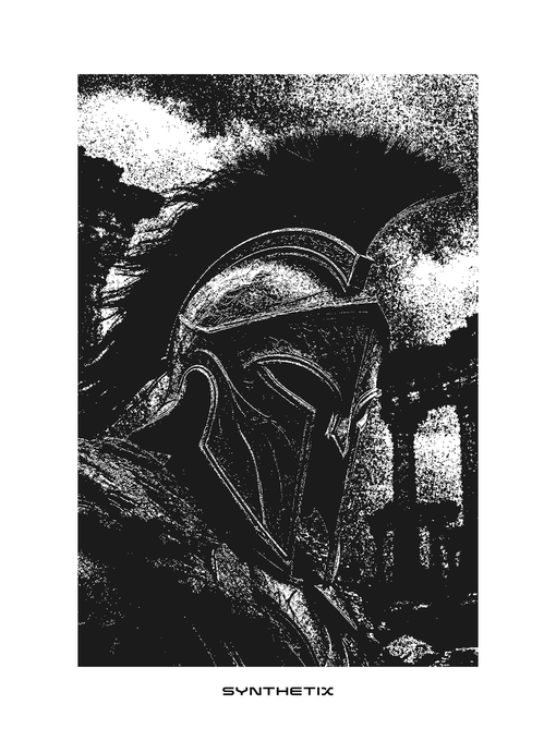 A grainy, high-contrast black and white illustration shows a figure in ornate, futuristic armor with the word 'SYNTHETIX' printed below.