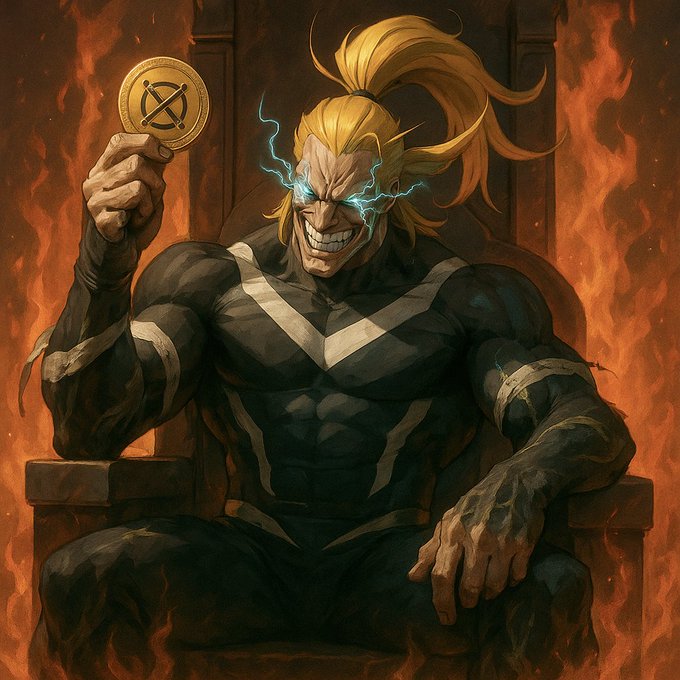 An anime-style illustration of a muscular villain with blonde hair and a ponytail, grinning maniacally while lightning crackles from his eyes as he holds up a gold coin, seated on a throne with flames in the background.