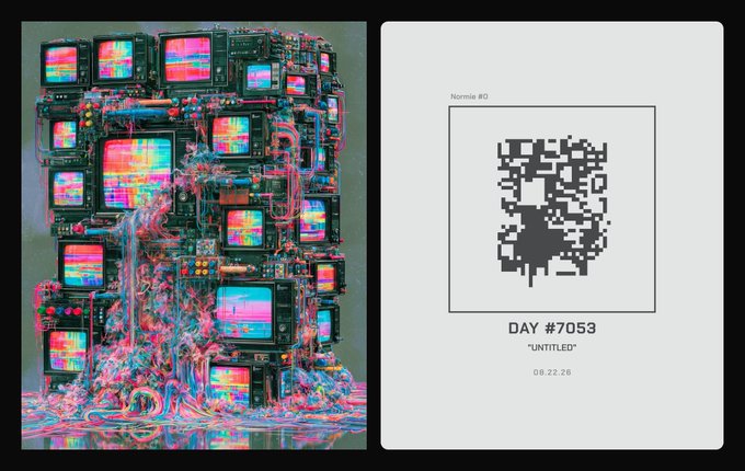 A split image showing a chaotic cyberpunk-style AI artwork of stacked TVs with glitchy displays on the left, and on the right a minimalist white poster labeled 'Nonnie #0', 'DAY #7053', '"UNTITLED"', and '06.22.25' with a black QR-code-like pixel pattern.