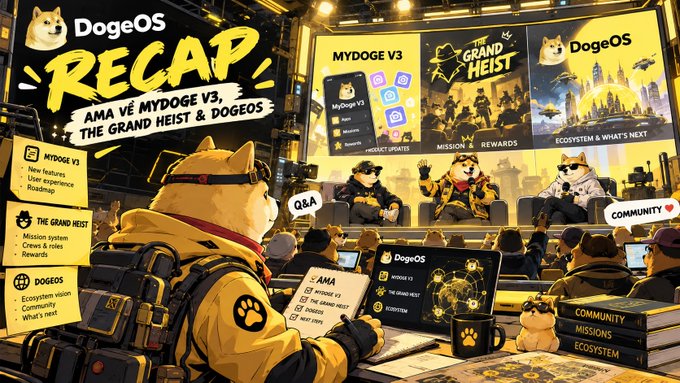 Anime-style 'DogeOS Recap' graphic featuring a Shiba Inu in tactical gear, summarizing topics including MYDOGE V3, The Grand Heist, and DogeOS, with stage panels and an audience in the background.