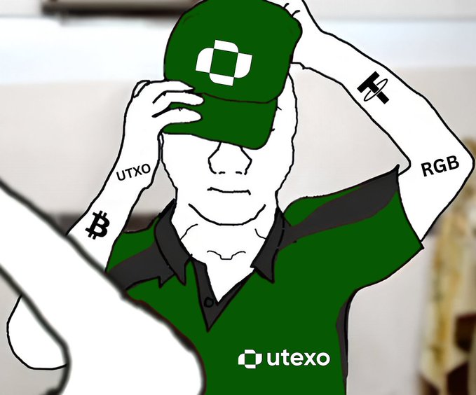 The image features a man wearing a green shirt with the word "Utexo" written on it, holding up his hat as if he's about to put it back on or adjust it. The caption below the image reads, "For years, mobile developers have been waiting for a tool that actually makes private, instant Bitcoin payments a reality without sacrificing user security." This suggests that the man is wearing the Utexo shirt and possibly discussing the new update in the Bitcoin ecosystem with someone else.