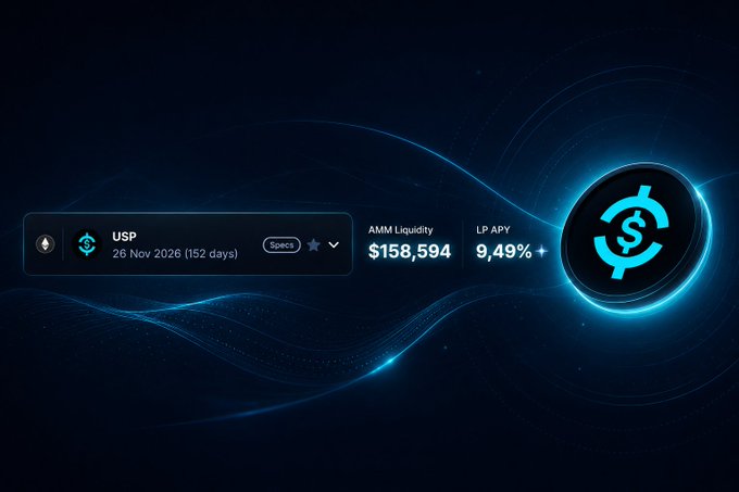 A Pendle Finance dashboard displays a US P (USP) liquidity pool with a maturity date of 26 Nov 2026 (152 days), showing AMM Liquidity of $158,594 and an LP APY of 9.49%+, illustrating the multi-strategy yield opportunity referenced in the post.