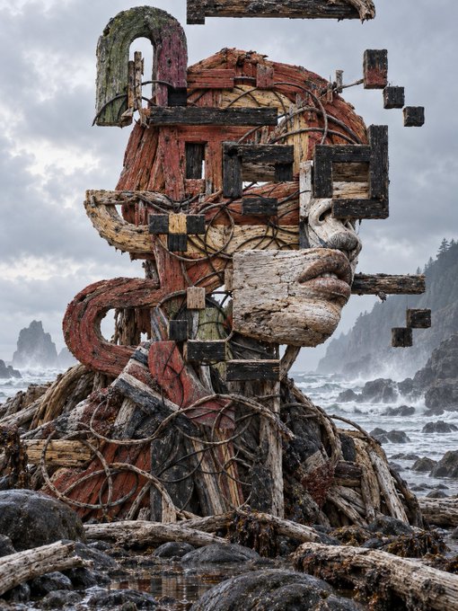 A weathered wooden sculpture of a fragmented humanoid head and torso stands on a rocky, driftwood-strewn shoreline under a stormy sky, with scattered geometric blocks floating around it.

This surreal, deconstructed artwork visually mirrors the post's theme of artistic reworking—"R3ORDR your perception"—as the figure itself appears broken, reassembled, and reimagined from its original form.