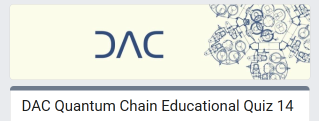 A banner for 'DAC Quantum Chain Educational Quiz 14' featuring the DAC logo alongside illustrations of people and bicycles.