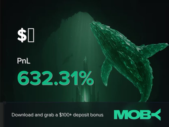 A promotional graphic for Moby Mobile displays a glowing green whale underwater alongside the text "$0" and a prominent "PnL 632.31%," highlighting a trader's exceptional profit, with a call-to-action at the bottom reading "Download and grab a $100+ deposit bonus" next to the Moby logo.