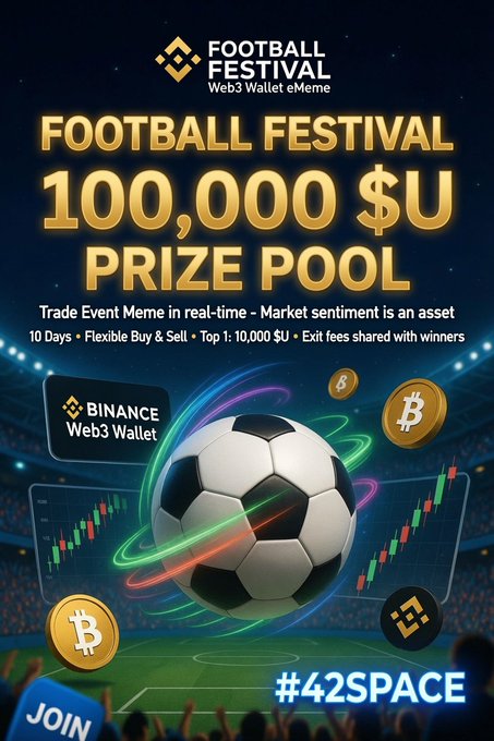 The image features an advertisement for a football festival that has just begun. The poster displays a soccer ball with the words "Football Festival" written around it, indicating the event's theme. The poster also includes text about the prize pool available on Binance Web3 Wallet eMeme and encourages users to join in the competition. The image is accompanied by a line of people cheering for the event, suggesting that there are already some participants or fans involved.