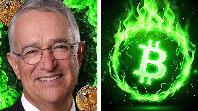 A composite image featuring a smiling older man with glasses on the left, alongside a glowing green Bitcoin logo encircled by green flames on the right.