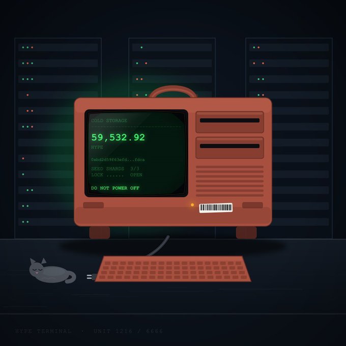 A retro-style illustration shows a vintage orange computer terminal displaying "HYPE Cold Storage" with a balance of 59,532.92, a seed phrase, and "SEED SHARDS 3/3 LOCK...... OPEN" alongside server racks in the background and a small cat beside a keyboard. The image relates to the giveaway post for Hype Terminals, visually promoting the project by depicting its branded crypto storage interface.