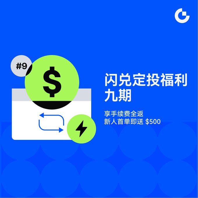A blue promotional graphic in Chinese advertises a cryptocurrency feature with text translating to 'Flash Exchange Regular Investment Benefits Nine Periods', offering full fee returns and a $500 bonus for new users.
