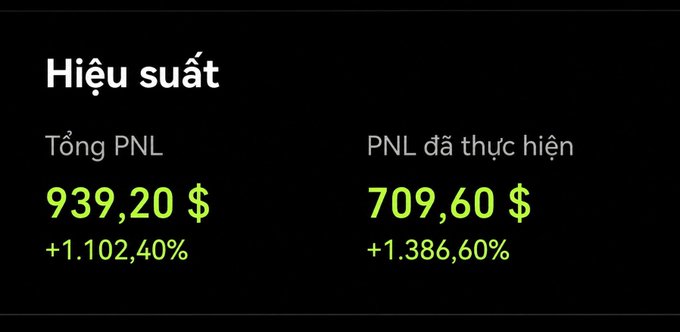 A dark-themed trading performance screen in Vietnamese showing 'Hiệu suất' with 'Tổng PNL' of $939.20 (+1,102.40%) and 'PNL đã thực hiện' of $709.60 (+1,386.60%).