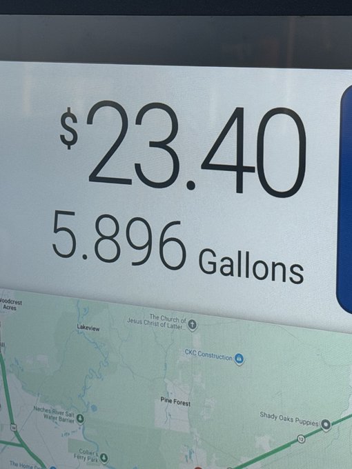 A digital screen displays a cost of "$23.40" for "5.896 Gallons," with a map below showing nearby landmarks including "Lakeview," "The Church of Jesus Christ of Latter," "Pine Forest," and "Shady Oaks Puppies."