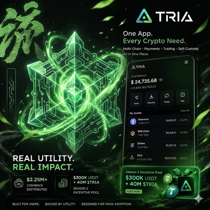 The image features an app called @useTria, which appears to be an innovation platform for cryptocurrency development. It is being displayed against a dark green background with neon accents. The app's main screen shows a pyramid-like structure surrounded by a blue border, and at the top of the pyramid is a large green diamond that reads "@useTria". Below it is a list of projects, including an example: "One App. Every crypto need." This indicates that @useTria caters to diverse cryptocurrency needs, allowing for customization in various aspects. The app's description highlights its focus on innovation and the ability to adapt and refine custom routing logic through its marketplace service.