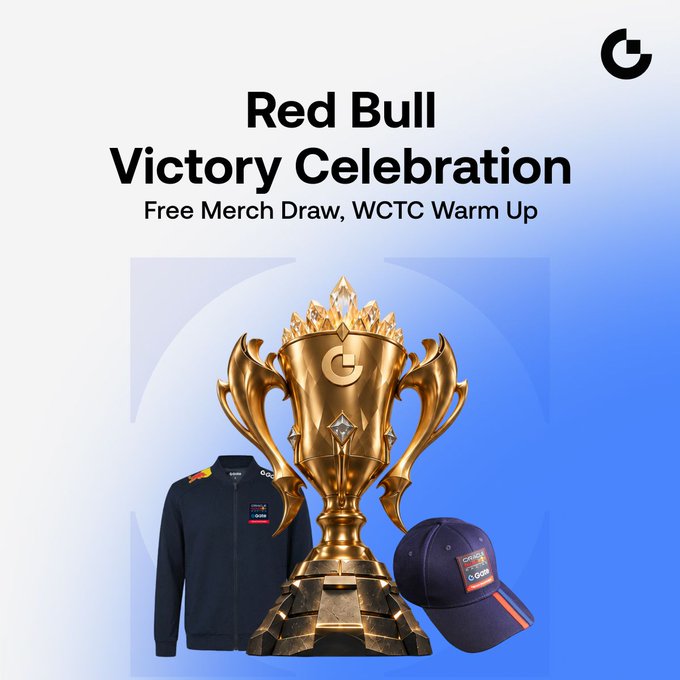 A promotional graphic advertises a 'Red Bull Victory Celebration' featuring a free merch draw and 'WCTC Warm Up,' displaying a golden trophy alongside a navy Red Bull Racing jacket and cap.