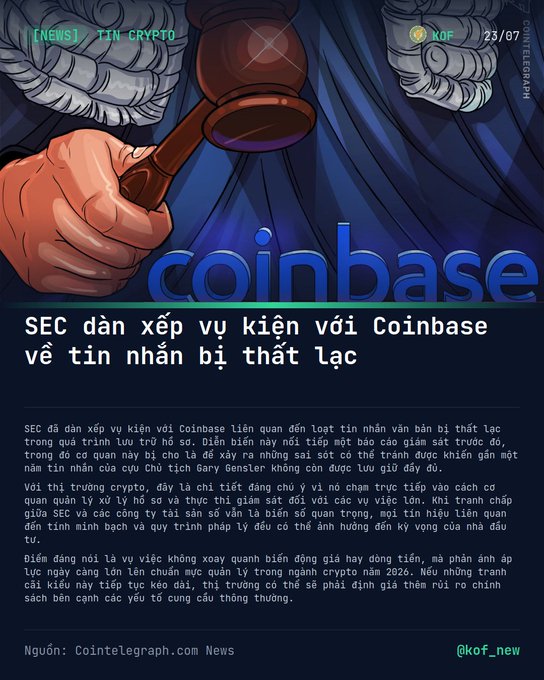 A Vietnamese crypto news graphic from @kof_new dated 23/07 about the SEC nearing closure of a lawsuit against Coinbase over alleged missing customer text messages.
