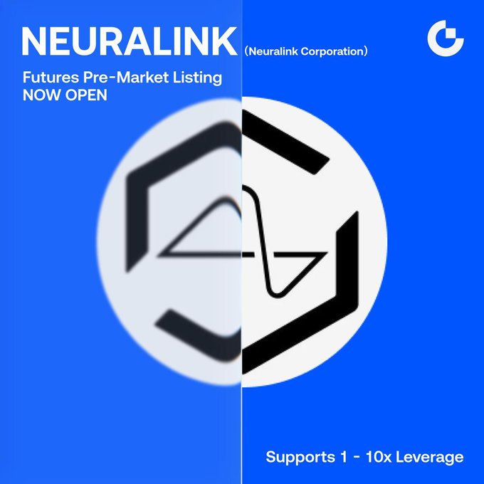 A promotional graphic announcing the listing of NEURALINK (Neuralink Corporation) Futures on Gate's pre-market platform, featuring the Neuralink logo on a blue background with text indicating "Futures Pre-Market Listing NOW OPEN" and "Supports 1 – 10x Leverage" alongside Gate's "G" logo.