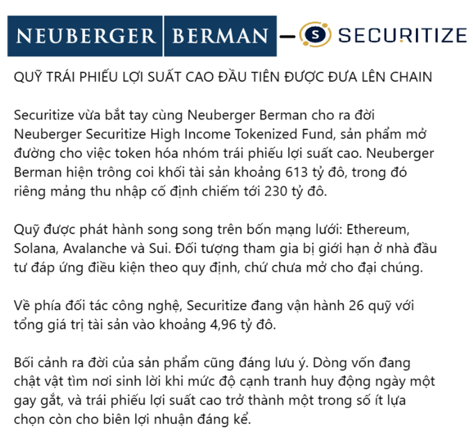 A Vietnamese article announcing a partnership between Neuberger Berman and Securitize to launch the Neuberger Securitize High Income Tokenized Fund.