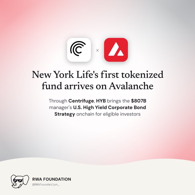 Promotional graphic announcing 'New York Life's first tokenized fund arrives on Avalanche,' featuring Centrifuge and Avalanche logos with RWA Foundation attribution.