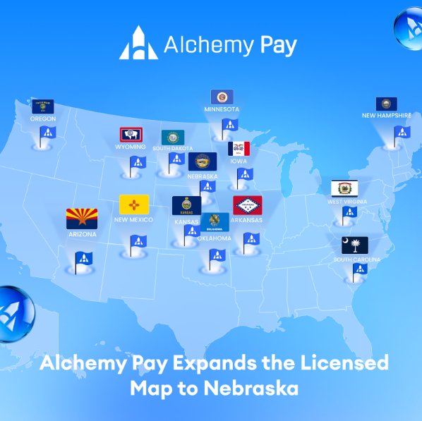 An Alchemy Pay promotional graphic showing a U.S. state map with licensing markers, titled 'Alchemy Pay Expands the Licensed Map to Nebraska'.