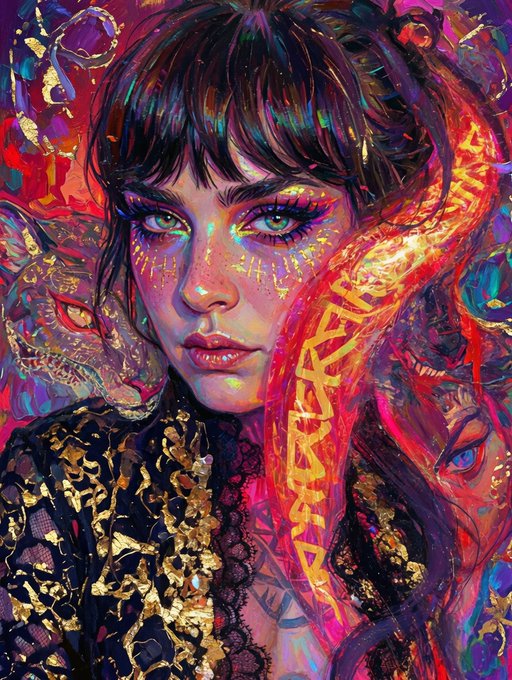 A vibrant, psychedelic digital portrait of a woman with striking green eyes, surrounded by colorful runic symbols, feline faces, and vivid red and gold abstract patterns.